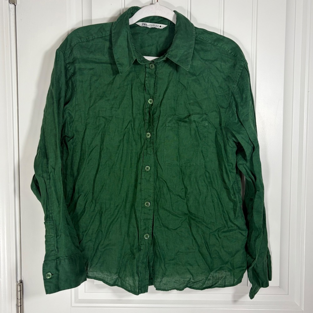 Zara Womens Forest Green Linen Blend Long Sleeve Button Down Shirt Size Medium